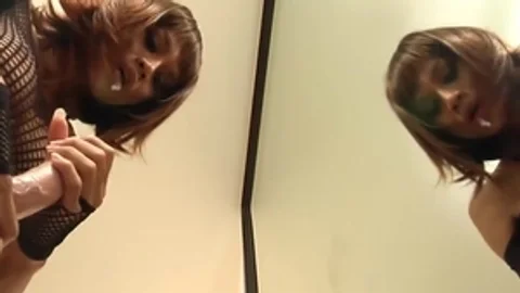 Redhead Ladyboy In darksome underware Sucks A dildo By The Mirror