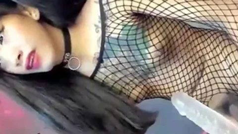 slim asian Tattooed lady-man In pretty lingerie Rides sex-dildo On cam